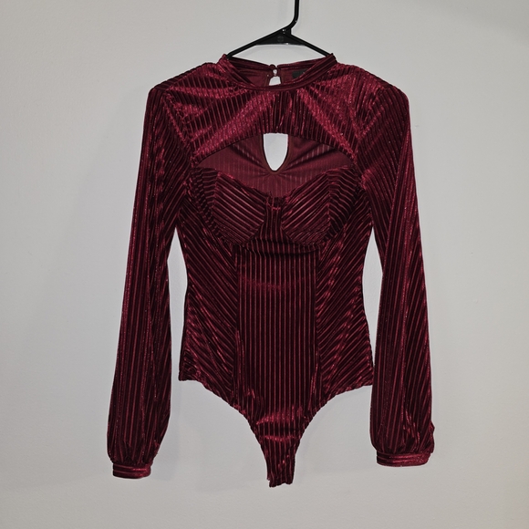 Lulus Always Alluring Burgundy Striped Velvet Cutout Bustier Bodysuit - Picture 3 of 9